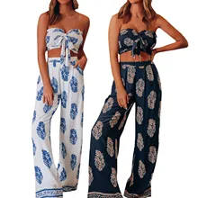 

Casual Plant Printed Wide Leg Pants Sets Women Sleeveless Camis Tops+Long Pants 2 Piece Set Tracksuit Sporty Casual Outfit 2021