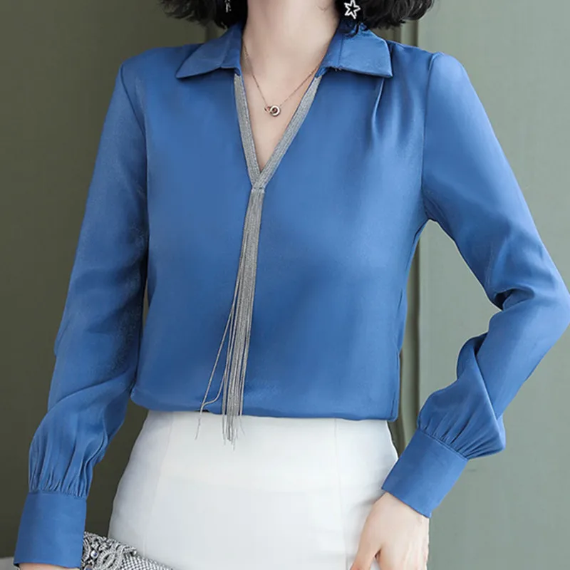 

Korean Chiffon Women Shirts Women Long Sleeve Blouses Shirt Elegant OL V-neck Shirt Plus Size Blusas Mujer De Moda Women Blouses