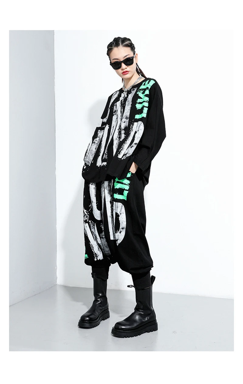 [EAM] High Elastic Waist Black Letter Printed Long Harem Trousers New Loose Fit Pants Women Fashion Spring Autumn 2020 1DA126