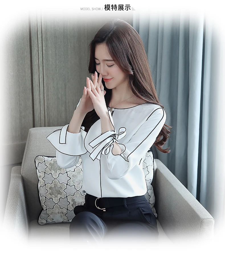 blusa feminina New Women Tops Korean fashion Bow tie Casual shirt long sleeve White Chiffon blouse