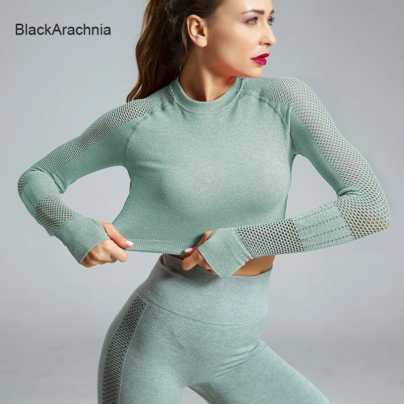 Женский энергетический бесшовный комплект для йоги, сексуальный дышащий сетчатый трикотажный комплект для спортзала, 2 предмета, спортивная одежда, Топ с длинным рукавом+ Леггинсы для йоги с высокой талией