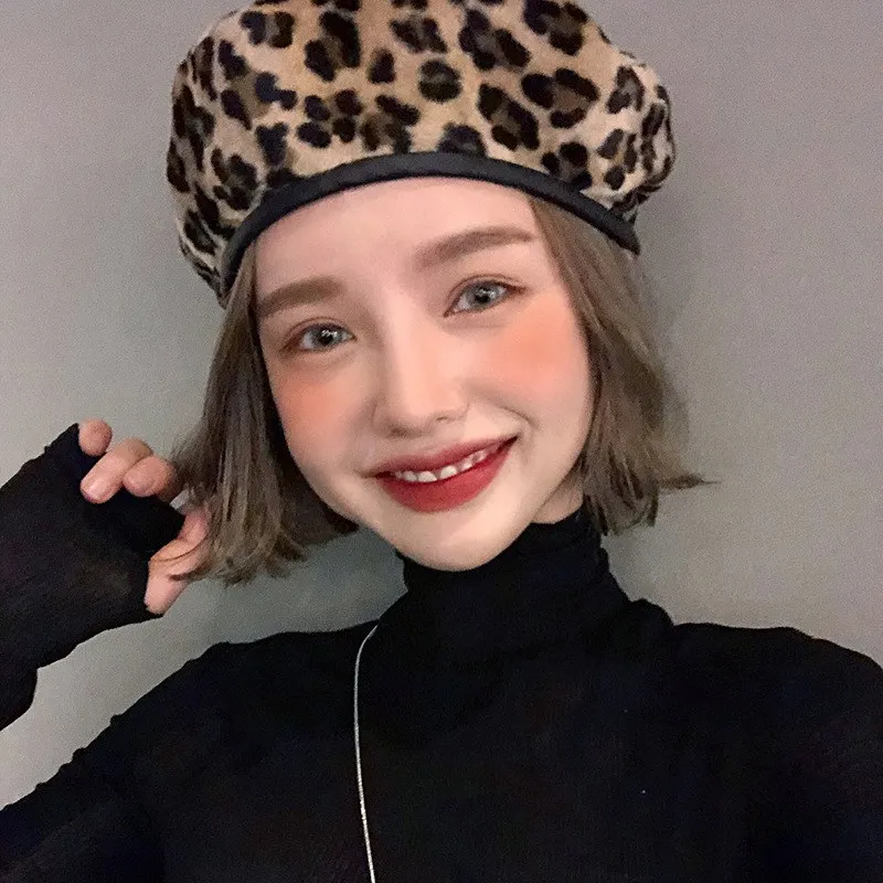 

MYZOPER 2019 New Fashion Leopard Korean Version PU Splice Beret Casual Tide Autumn Winter Printing Women'S Hat Adult Cap