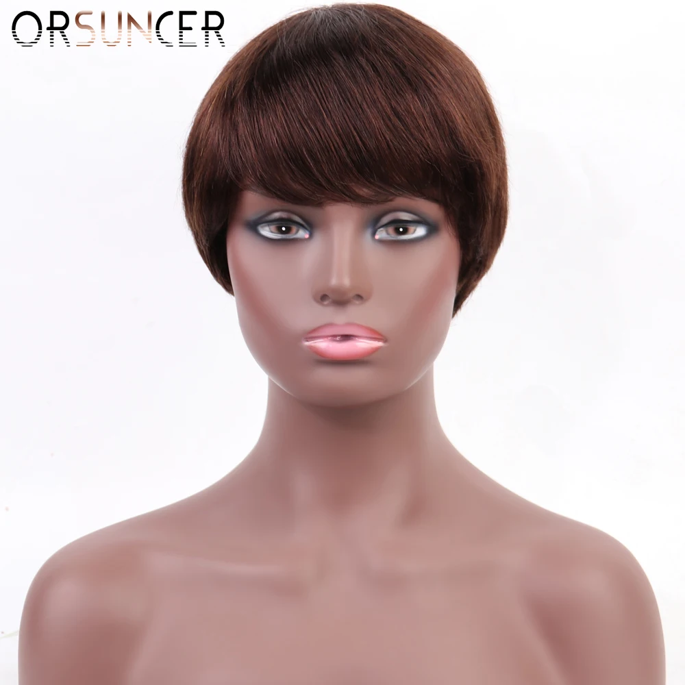Perucas de Cabelo Brasileiro para Preto Humano Curto Pixie Corte Reto Remy Cabelo Máquina Feita Destaque Cor Barato Glueless Peruca 126 Apliques e perucas