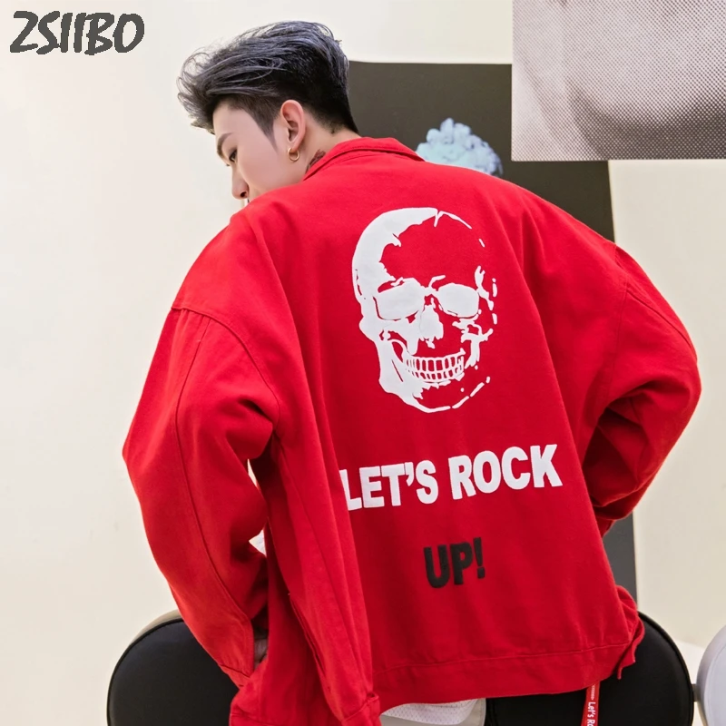 

Ripped Cowboy Buttons Jackets Coat Male Autumn Hole Denim Jacket skulls print Men Casual Coats Fashion Male Cotton Plus Size