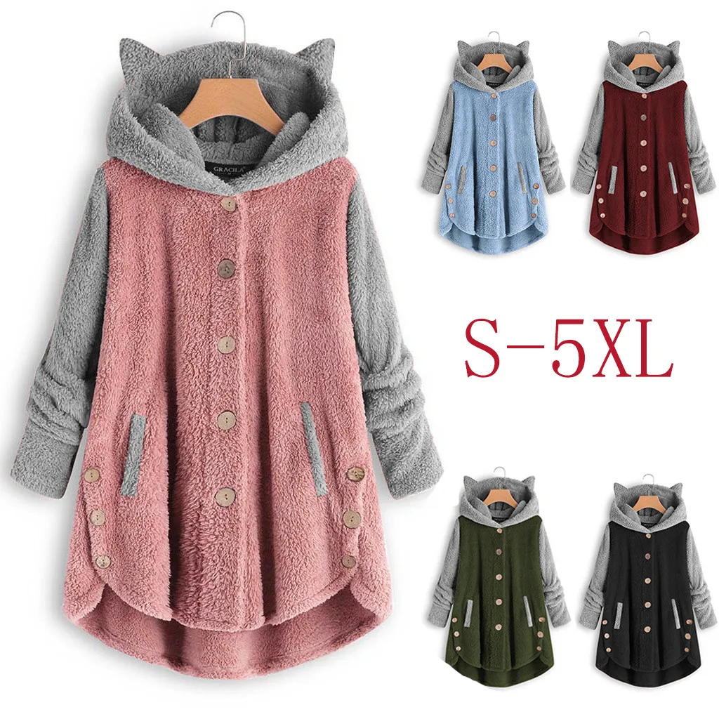 Женское пальто, зимняя свободная толстовка с капюшоном, Лоскутная Толстовка, однотонная зимняя толстовка с капюшоном и кошачьими ушками, флисовые куртки, спортивный костюм, пальто