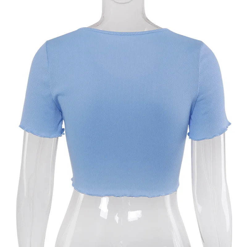 Shestyle Stretchy Ruffle Sleeve Crop Top Women 2020 Summer Button Green Blue Tight Rib-knitted Plain Sexy T-shirt Dropshipping
