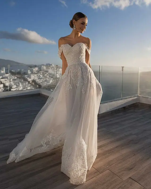 

LORIE Sheath Floor Length Tulle Wedding Dress 2021 Sweetheart Fashion Appliques Bridal Gowns Off The Shoulder Vestido De Noiva