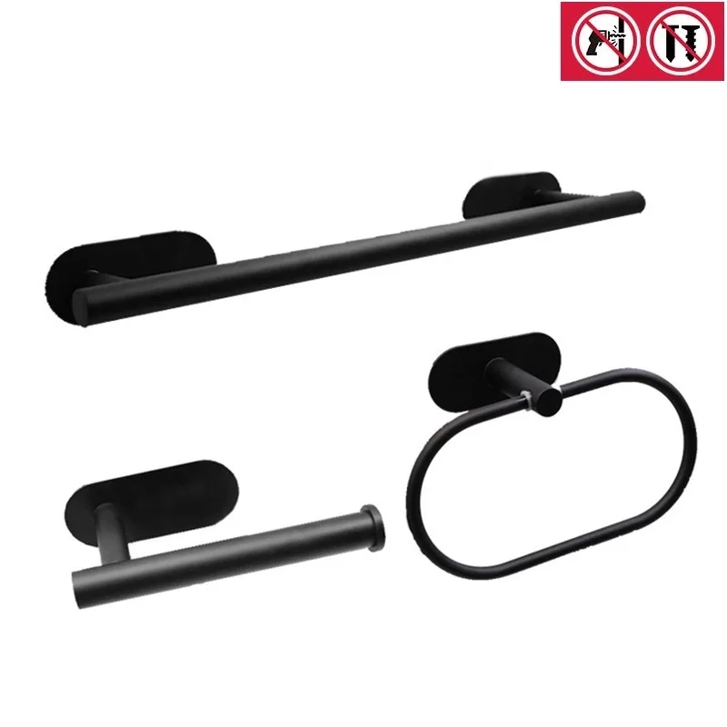 

Self-adhesive 3PC Matte Black 304 stainless steel bathroom hardware set, towel bar, Towel Ring,paper holder Bathroom accessories