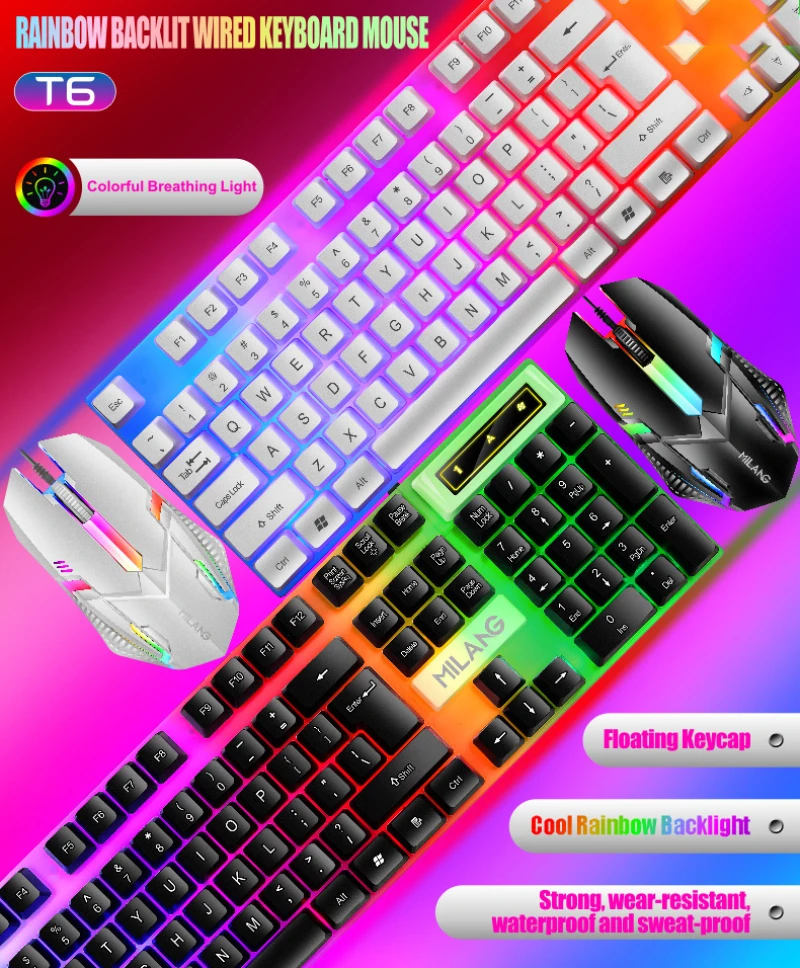 T6 USB Wired Keyboard Mouse Set Rainbow LED Backlight 104 Keys 1000 DPI Mechanical Keyboard Gaming Mouse Set For Laptop Computer pc keyboard