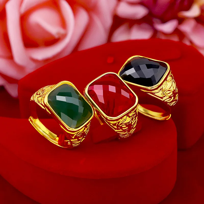 Moda de luxo 14k anel de ouro para homens casamento noivado jóias com grande pedra preciosa verde esmeralda anel vermelho jade pedra presentes masculinos