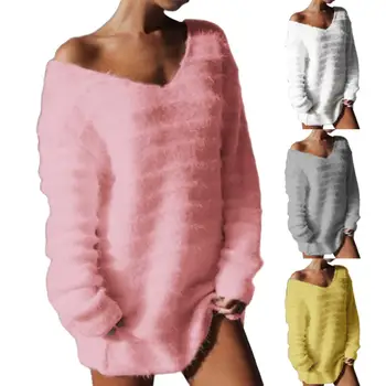 

Ladies Autumn Winter Women Casual Solid Color V Neck Loose Long Sleeve Sweater Blouse Fashionable Minimalist