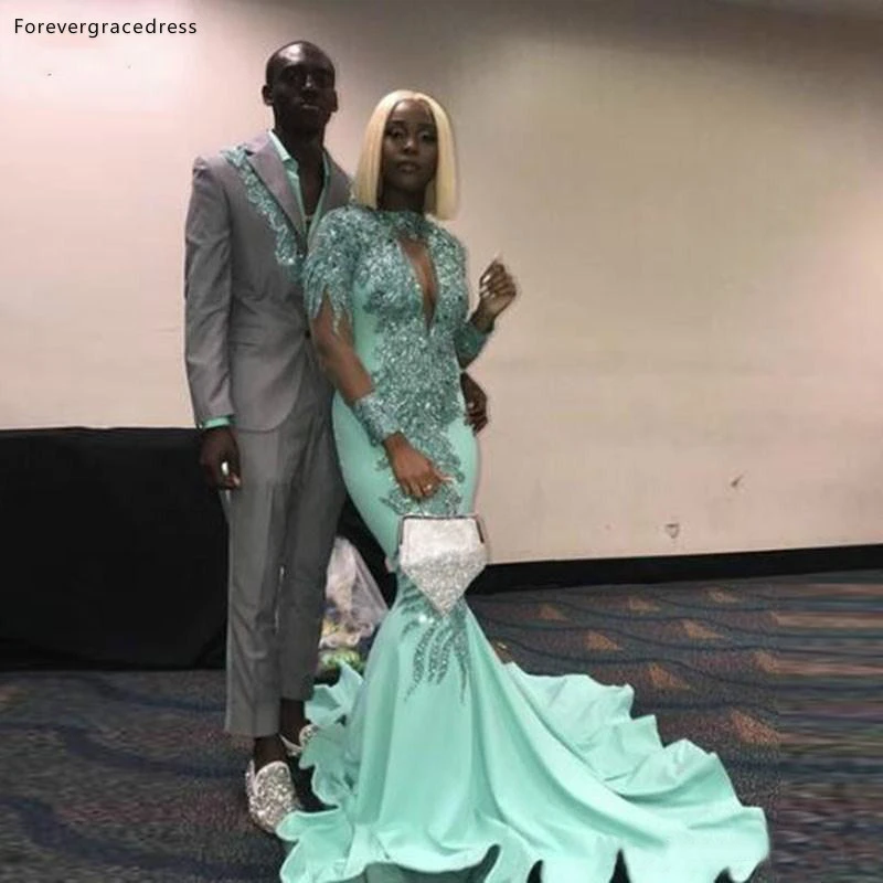 long prom dresses African Girls Long Sleeves Prom Dresses Mermaid Satin Appliques Party Gowns Women Wear Custom Made Plus Size Available green prom dress