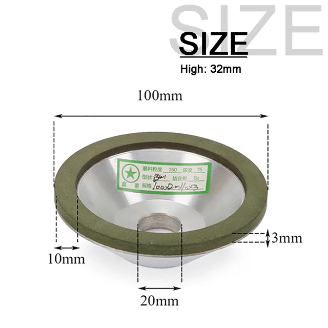 1Pc Diamond Grinding Wheel Cup Grinding Circle for Carbide Metal Tungsten Steel Milling Cutter Tool Sharpener Various Size 100x20x10x3mm Green