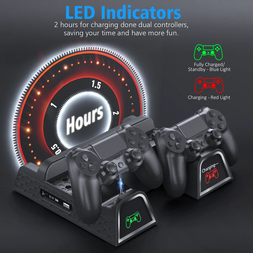 DOBE soporte PS4/PS4 Slim/PS4 Pro refrigerador base ventilador multifuncional de enfriamiento soporte vertical ps4 cargador consola indicadores LED de carga muelle TP4-1785. - Imagen 5