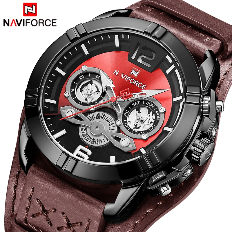 NAVIFORCE мужские часы водонепроницаемые кожаные кварцевые часы мужские Календарь военные наручные часы спортивные аналоговые часы Relogio Masculino