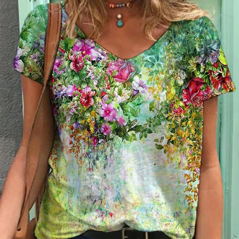 Summer Women Casual Tee 2022 New Flower Printed V-Neck Short Sleeve Loose T-Shirts Female Street Plus Size 5XL Top Pullover funny t shirts