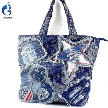 

Women Large capacity ROCK Denim Handbags luxury Braccialini fashion Street STAR tassel bags Women Messenger Bag Big travel Totes