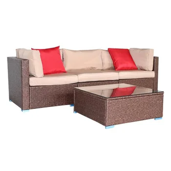 

Wood Grain Corner Sofa Set PE Wicker Rattan Bench Coffee Table with Cushion Classical Simple Living Room Outdoor Furniture
