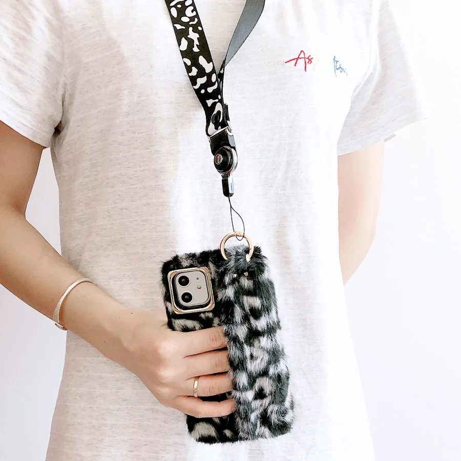 Леопардовый плюшевый пушистый меховой чехол для телефона с шейным шнурком Шнур для iPhone 11 Pro Xs Max Xr X 6 6s 7 8 Plus ремешок на запястье мягкий чехол