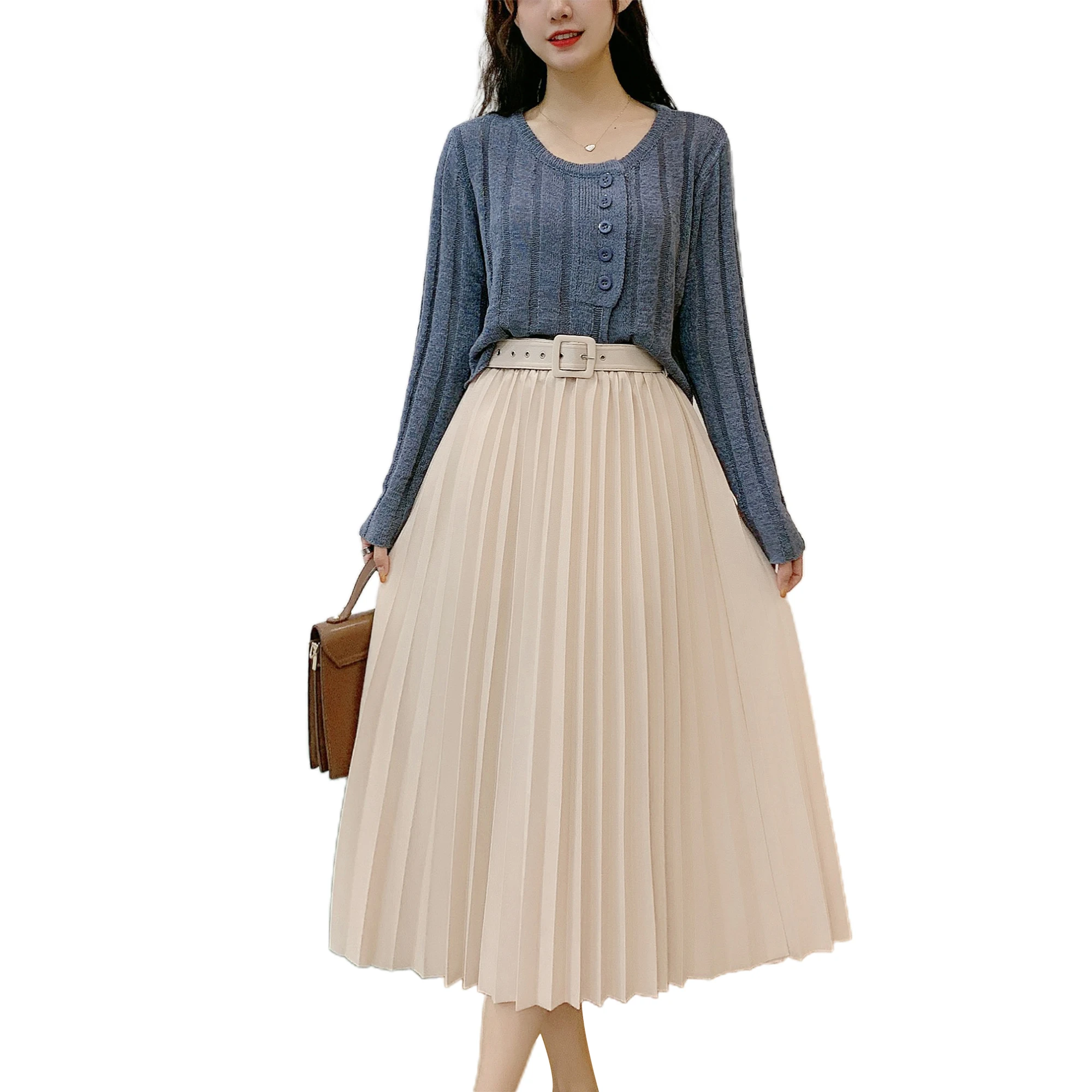 

Women's pleated skirt with belt spring and autumn new warmth pleated skirt itself is elegant and fashionable hot sale
