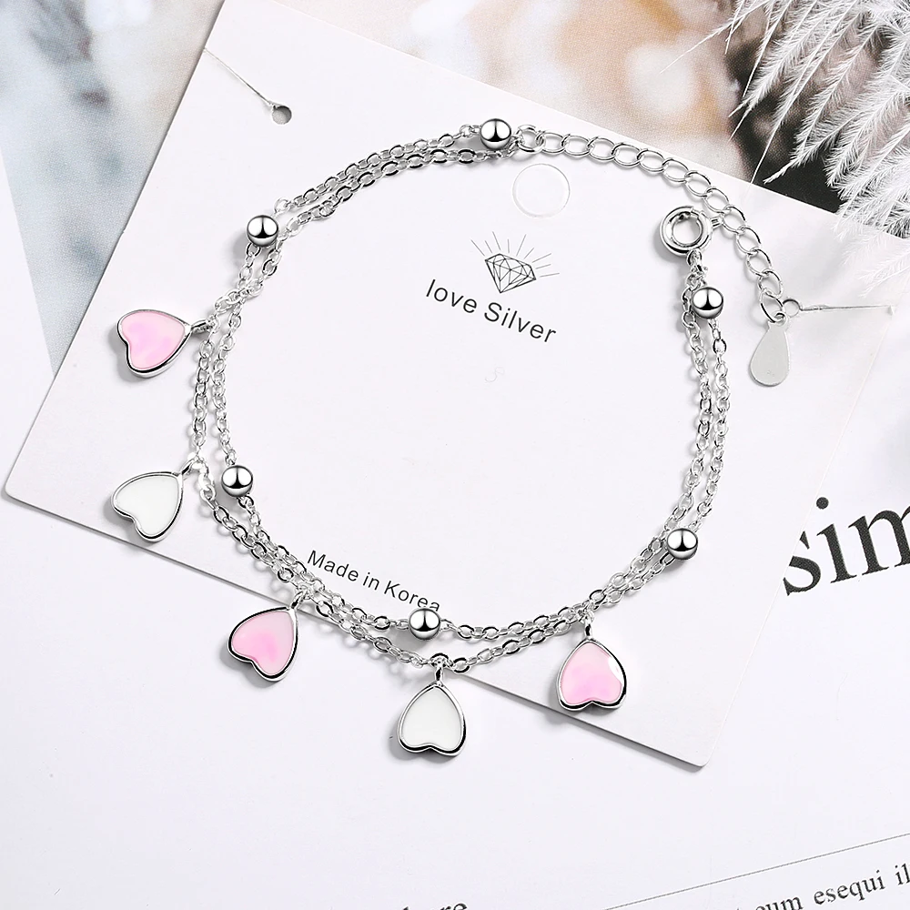 Bracciale A Doppio Strato In Argento Sterling 925 Barbie Pink Heart Collegamento A Catena Regolabile Per Le Donne Regalo Di San Valentino Bsb152