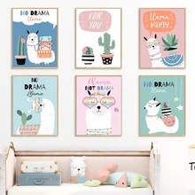 Cactus Alpaca Pink Blue Cartoon Animal Wall Art Canvas Painting Nordic Poster And Prints Wall Pictures Baby Kids Room Home Decor