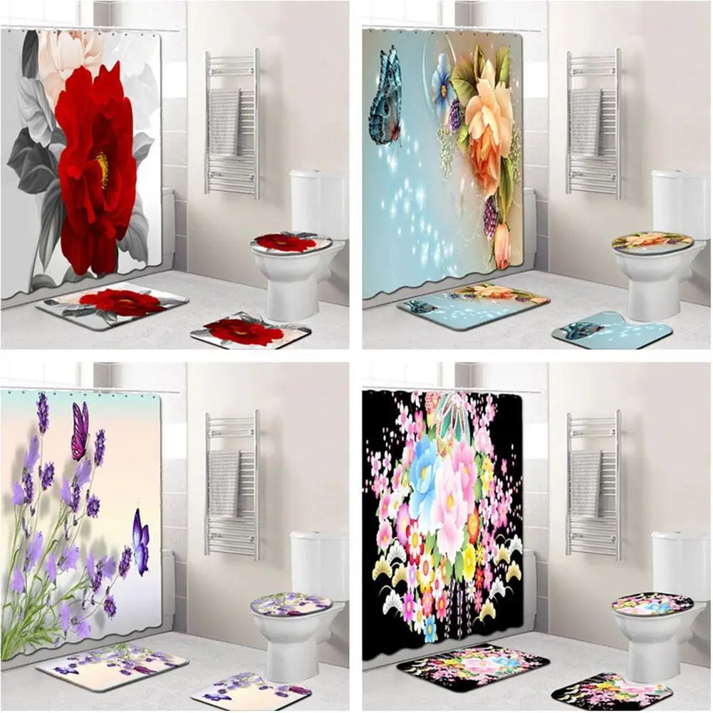 US $18.75 354PcsSet Elegant Flowers Pattern Shower Curtain Mat Set Non Slip Rugs Carpet for Bathroom Toilet Bath