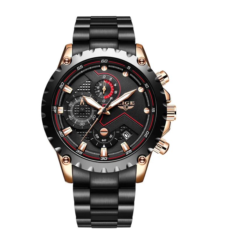 Rose Gold Black S LIGE, новые модные синие мужские часы из нержавеющей стали, Топ бренд, Роскошные водонепроницаемые кварцевые часы, мужские спортивные часы с циферблатом и датой, Хронограф+ коробка - Цвет: Rose Gold Black S