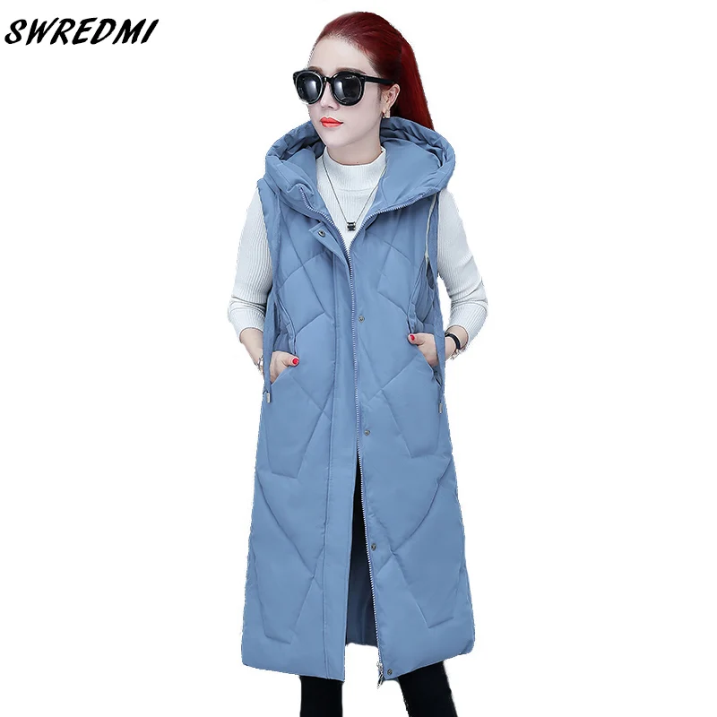 

SWREDMI New Fashion Cap Rope Hooded Vests For Women Autumn Winter Warm Waistcoat Long Female Jacket Coat Sleeveless Solid Parka