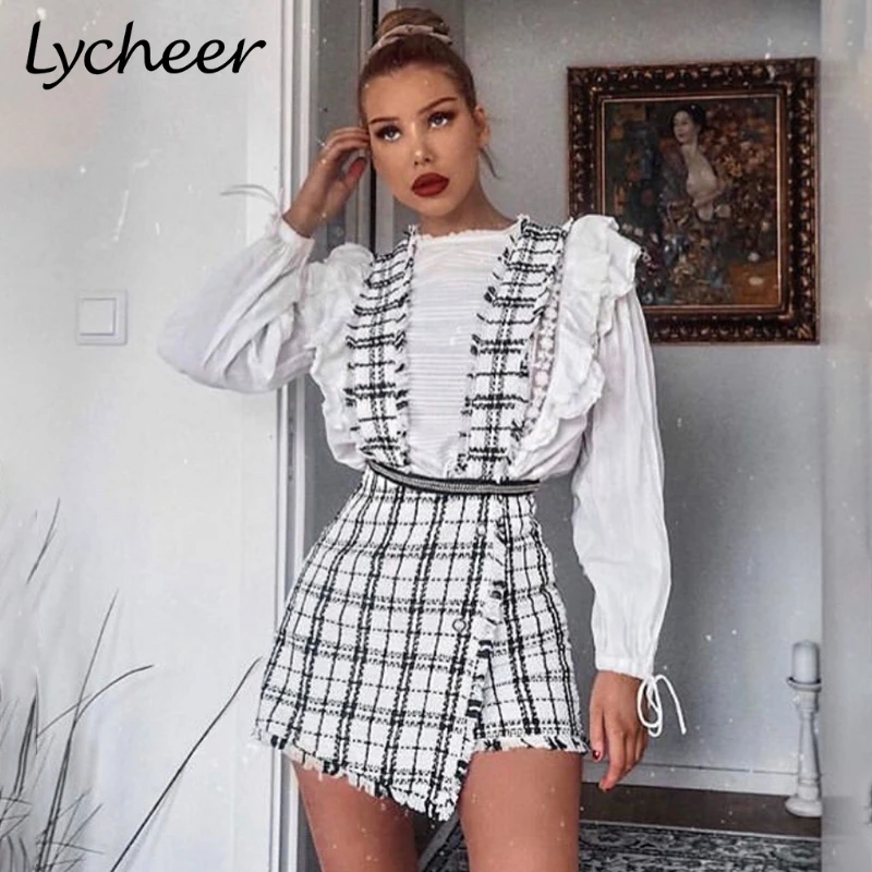 Lycheer, трапециевидная твидовая клетчатая женская короткая жилетка, юбка, Осень-зима, повседневная женская юбка для вечеринки, на тонких бретелях, Женская мини-юбка