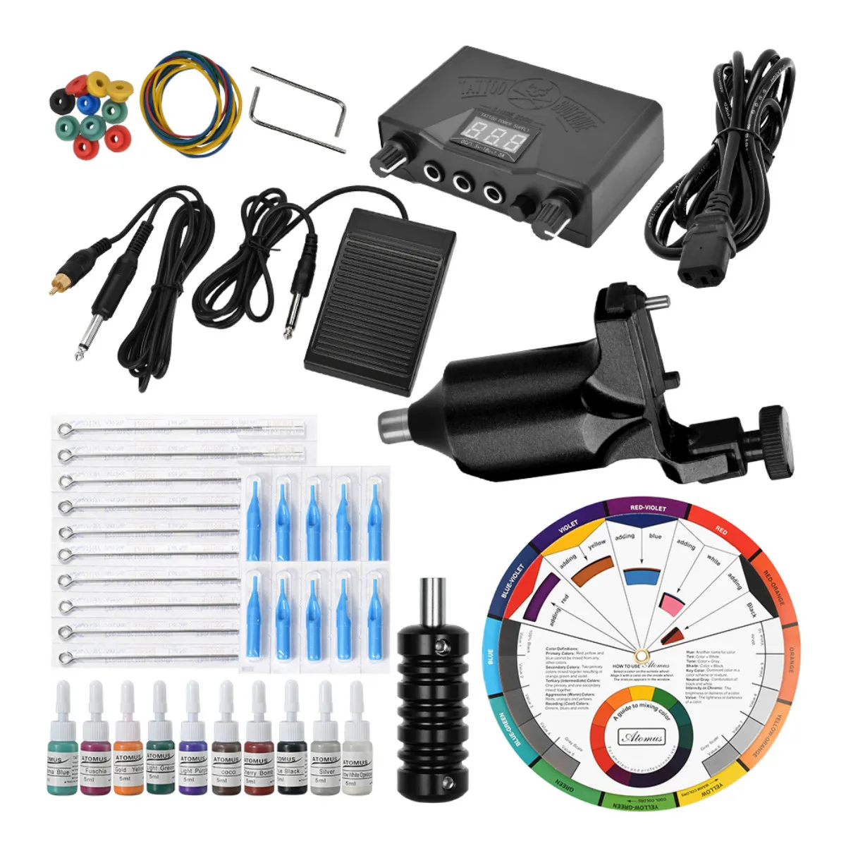 Complete Zeus Tattoo Kits Professional Tattoo Machine Guns Color Wheel Exercise Training Accessories Power Supply Kit Beginner