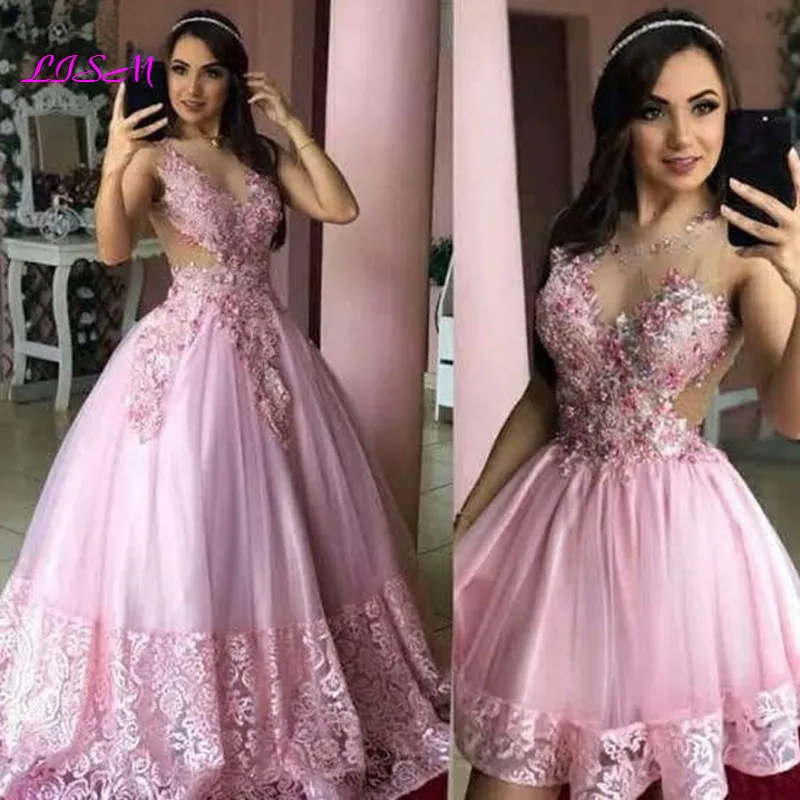 Pink Lace Applique 2 in 1 Short Prom Dresses With Detachable Overskirt Stones Pearls Quinceanera Dress 16 Sweet Girls quinceanera dresses