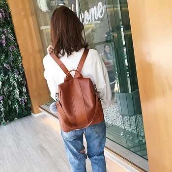 

Women Female Anti-theft Backpack Classic PU Leather Solid Women's Outdoor Simple Zipper Contrast Color Backpack Travel Bag @9