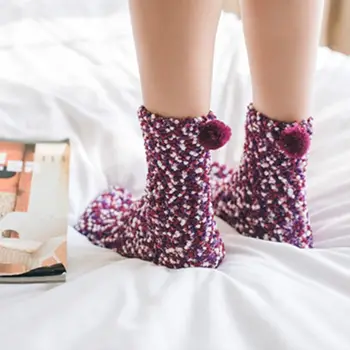 

Women Women Girls Winter Warm Sweet Cup Cake Cotton Coral Fleece Mid-Calf Long Towel Socks Candy Color With Lovely Pompom Ball