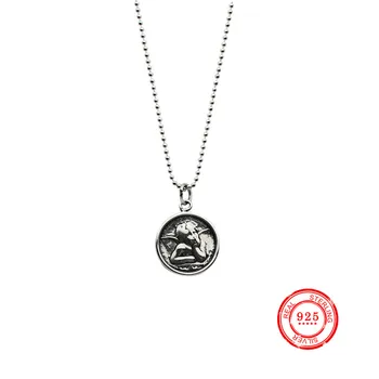 

s925 Sterling Silver Guardian Angel Necklace Pendant Korean Personality Retro Girl Fashion Clavicle Chain Jewelry