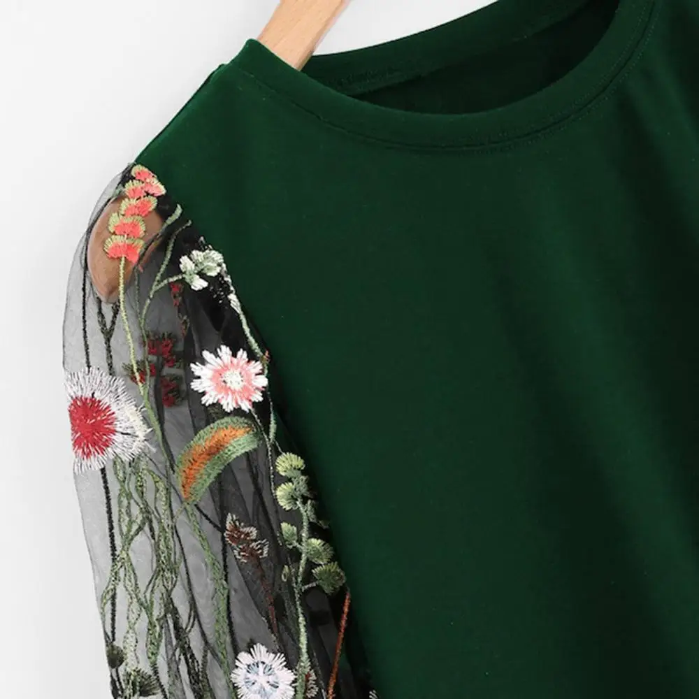 Сексуальная сетчатая Блузка Элегантные женские с длинным рукавом o-образным вырезом Botanical вышитые модные женские топы и блузки blusas de mujer# 2F