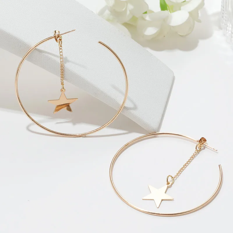

Exaggerated Big Round Earrings Gold Color Large Star Pendant Hoop Earrings for Women Long Chain Tassel Hanging Earings Fashion