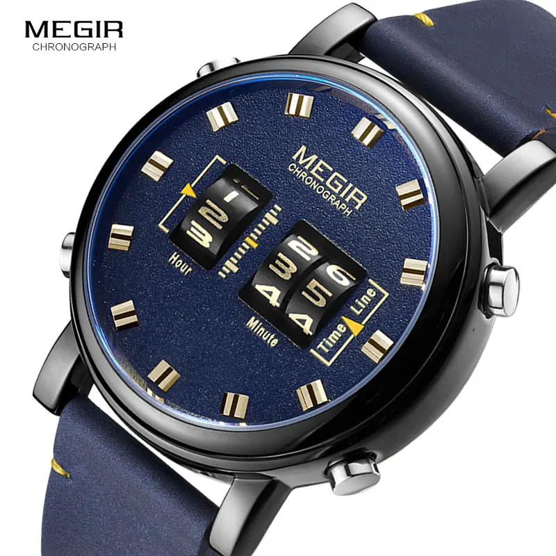  MEGIR Drum Roller Watch Men Top Luxury Brand Man Military Sport Quartz Wrist Watches Blue Leather D