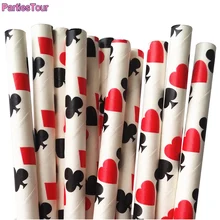 25pcs Poker Card Pattern Paper Straws Casino Party Decor Black Red White Drinking Straw Las Vegas Themed Birthday Party Supplies