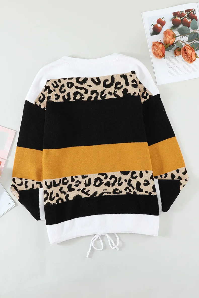 Winter Leopard Print Patchwork Sweater for Women 2021 Casual Long Sleeve Round Neck Pullover Bottom Fashion Sweater red cardigan