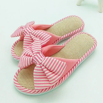 

Indoor Home Slippers Candy Color Spring Women Bedroom Cartoon Bowtie Ladies Slides Cozy Cotton Floor Flax House Shoes