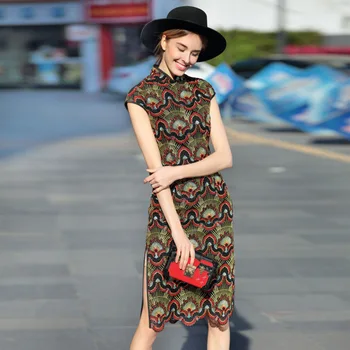 

Retro Gold Thread Embroidery Stitching Irregular Hem Ladies Slim Cheongsam Chinese Style Printing Elegant Banquet Qipao Dress
