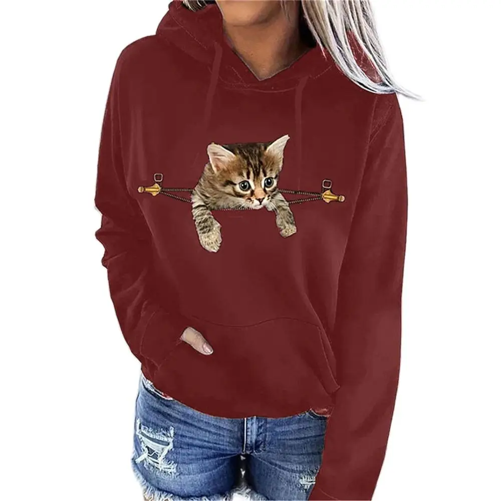 Women's Casual Tops For Autumn Winter 2021 New Long-Sleeved Cat Animal Print Sweatshirt Loose Hooded Pullover Sweater