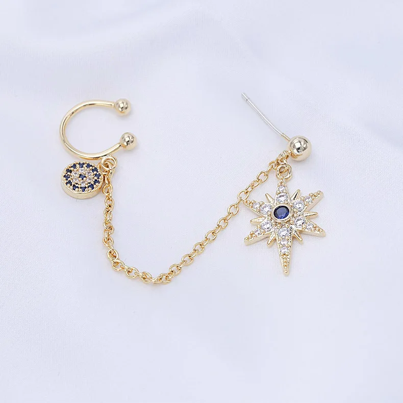 New Trend Cubic Zirconia Blue Eye And Star Asymmetric Earrings Luxury Brand Design Long Earrings For Women Fashion Jewelry