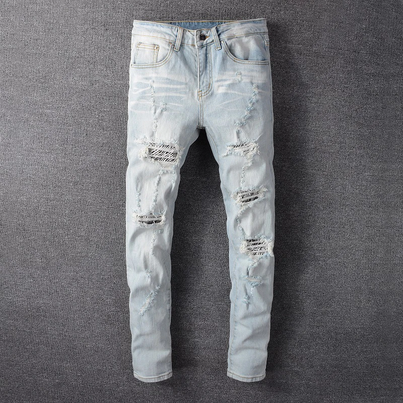 Light Blue Модная уличная одежда, мужские джинсы, светильник, синие, белые, с эффектом потертости, в стиле пэчворк, рваные джинсы, Мужские штаны в стиле панк, дизайнерские, в стиле хип-хоп, обтягивающие джинсы - Цвет: Light Blue