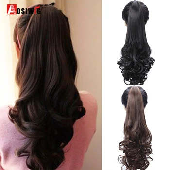

AOSIWIG 24Inch Women Synthetic Claw Ponytail Clip in Hair Tail Extensions Wavy Style Black Brown Fake Ponytail Hairpiece