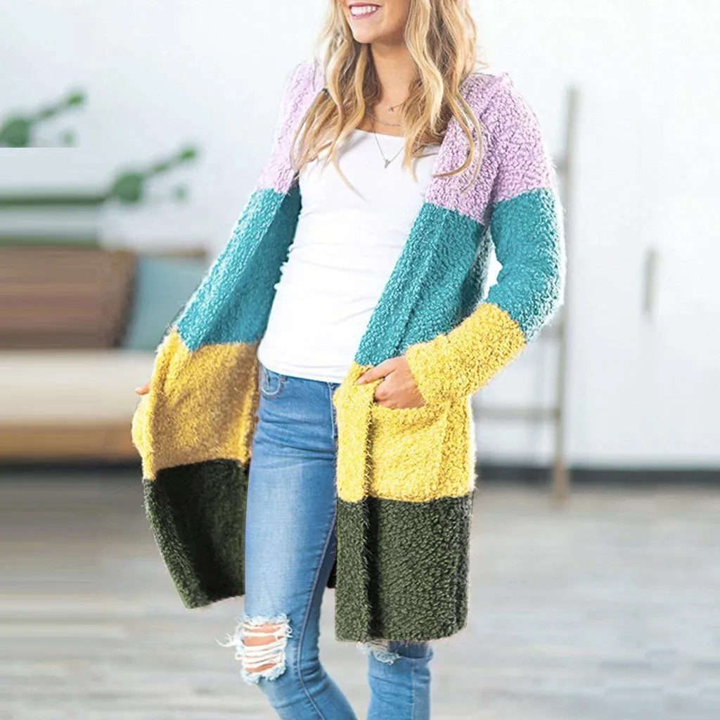 Jaycosin Fashion Autmn Winter Women Casual Splice Knitted Cardigan Sweater Long Sleeve Comfortable Soft Leisure Pullover 21#4