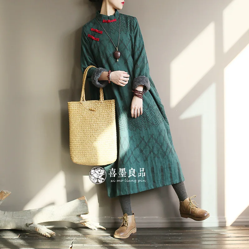 8818, Hi Ink, винтажное, матовое и плотное платье, длинный рукав, свободный крой, этнический стиль, стиль, женское платье, лягушка, зимнее, с хлопковой подкладкой