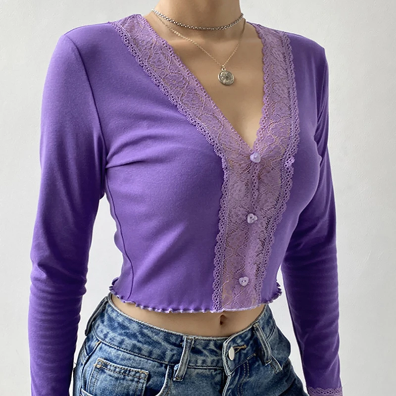 IAMSURE 2020 Autumn Fashion Lace Patchwork Women Cardigan Blouses Sexy V-Neck Fitness Aesthetic 90s Crop Top Shirt Streetwear