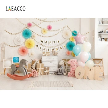 

Laeacco Paper Flowers Balloons Trojan Cabinet Toys Gifts Photography Backdrops Photo Backgrounds Baby Child Birthday Photophone